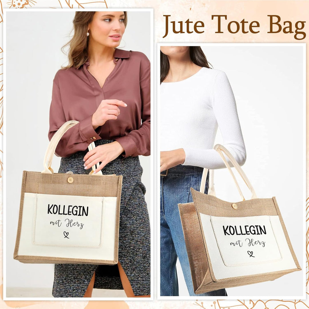 Jutetasche Kollege Geschenk Jute Shopper Bag, Jute Einkaufstasche mit Kollegin Herz, Jutebeutel als