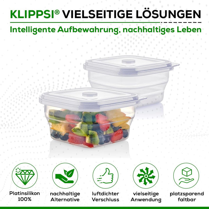 KLIPPSI® Lunchbox faltbar- Brotdosen Frischhaltedosen aus Platin Silikon hitze-kältebeständig, ausla