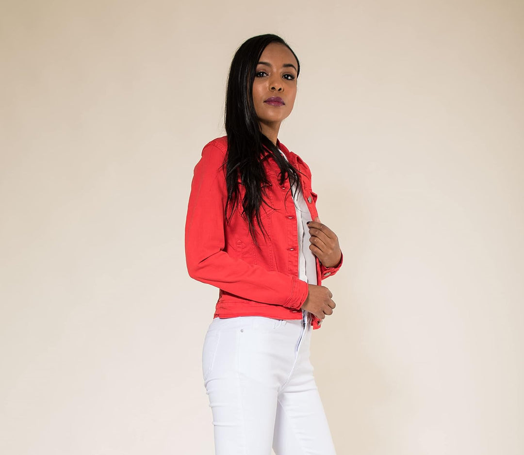 Nina Carter J212 Damen Slim-Fit Jeansjacke – Farbige Übergangsjacke mit Kent-Kragen und Taschen – Fr