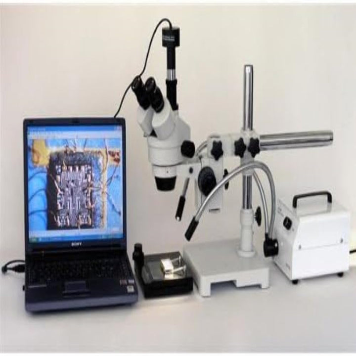 AmScope SM-3TZ Trinokulares Stereo Zoom Mikroskop auf Einarmigem Auslegerständer, 3.5X-90X, Weiss