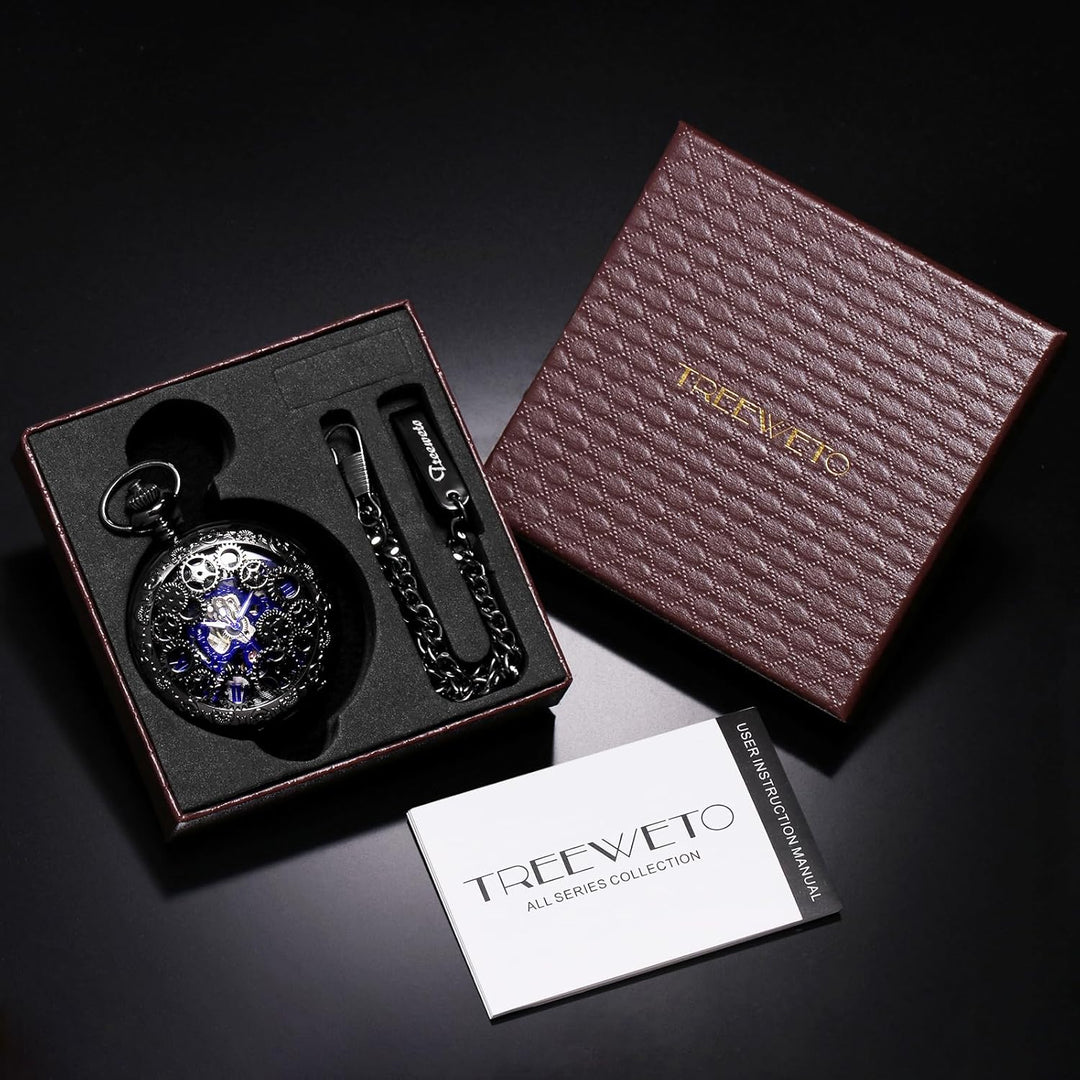 TREEWETO Mechanische Skelett-Taschenuhr für Herren und Damen, Bronze-Ausrüstung, hohles Gehäuse, Ste