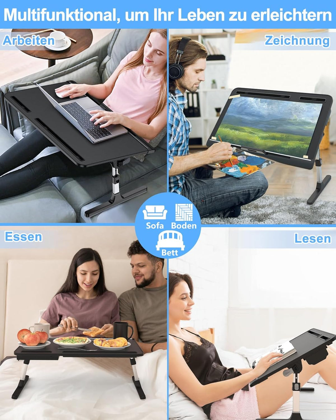 Betttisch, Potuopy Leder einstellbare Höhe Winkel Laptop Tisch für Bett, X-Grosse Faltbare Laptoptis
