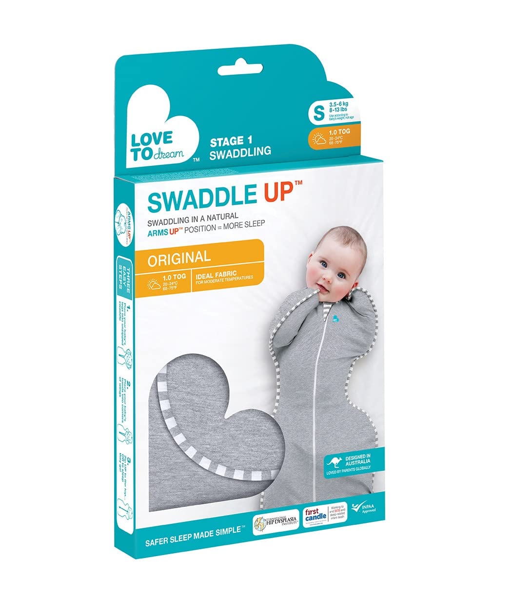 Love To Dream Swaddle UP Original Swaddling Blanket, 1.0 TOG, Newborn, 2.2 kg-3.8 kg, Grey Weiss New