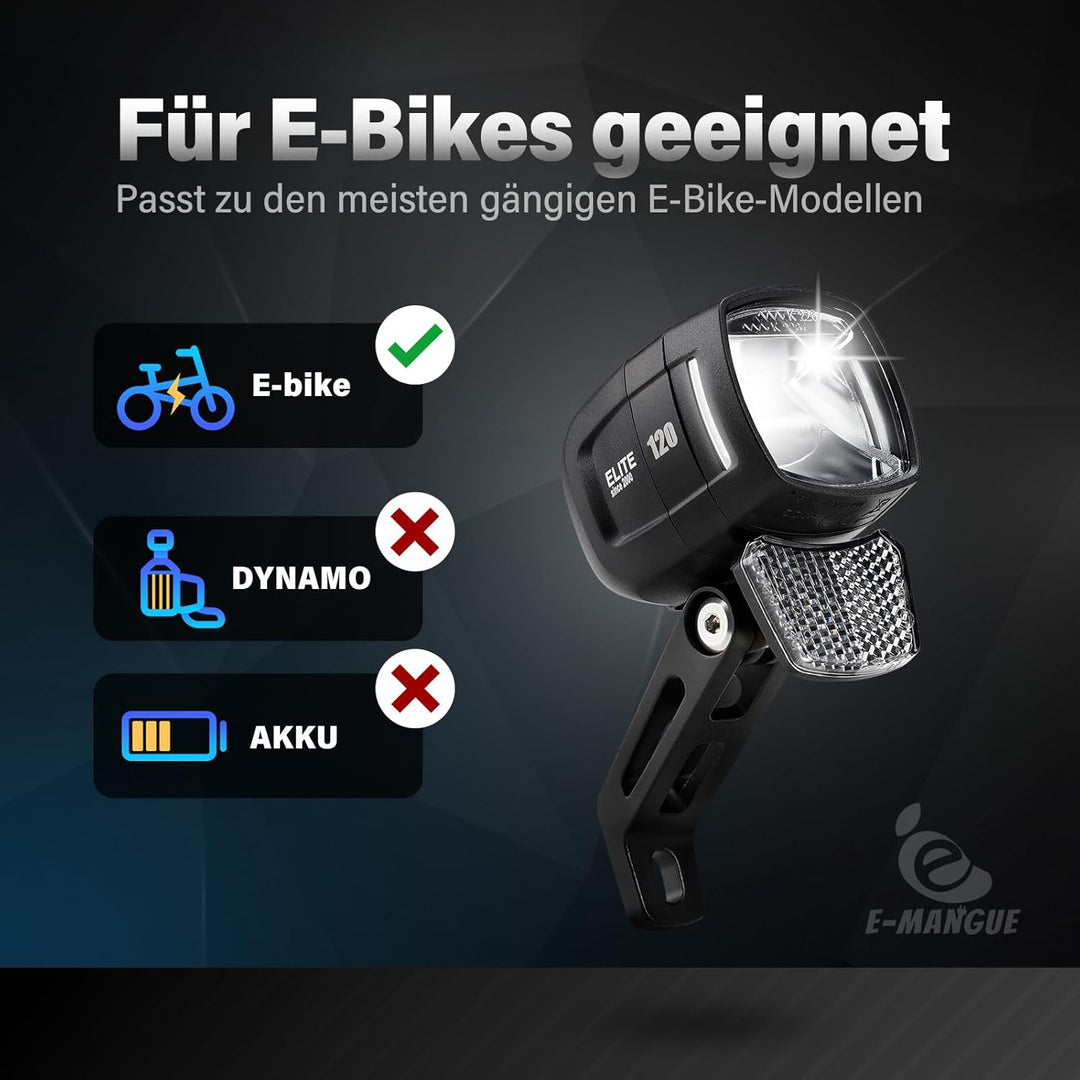 E-Bike Dynamo LED Fahrradlicht Vorne, 30-120 LUX StVZO Zulassung Frontlicht, Fahrradlicht mit Reflek