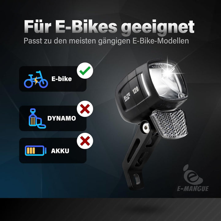 E-Bike Dynamo LED Fahrradlicht Vorne, 30-120 LUX StVZO Zulassung Frontlicht, Fahrradlicht mit Reflek