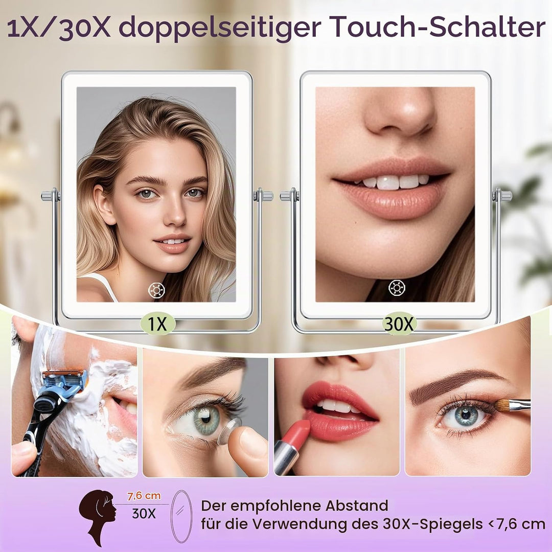 Famihomii 5000mAh Wiederaufladbar Kosmetikspiegel mit LED Beleuchtetung, 8,7 Zoll beidseitig 1X/30X