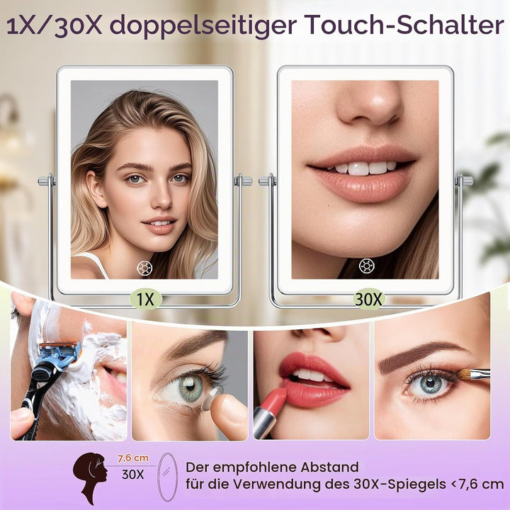 Famihomii 5000mAh Wiederaufladbar Kosmetikspiegel mit LED Beleuchtetung, 8,7 Zoll beidseitig 1X/30X