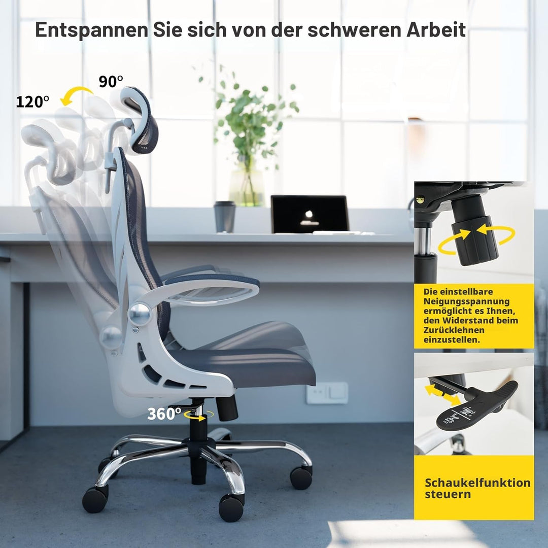 HOLLUDLE Ergonomischer Bürostuhl mit Klappbarer Rückenlehne, Schreibtischstuhl mit 2D Kopfstütze, Ho