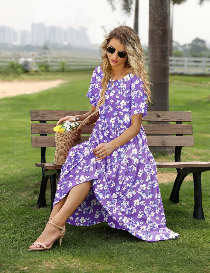 YESNO Damen Kleider Freizeit Lose Sommerkleid Lang Boho Maxikleid für Rundhals Strandkleid Blumenkle