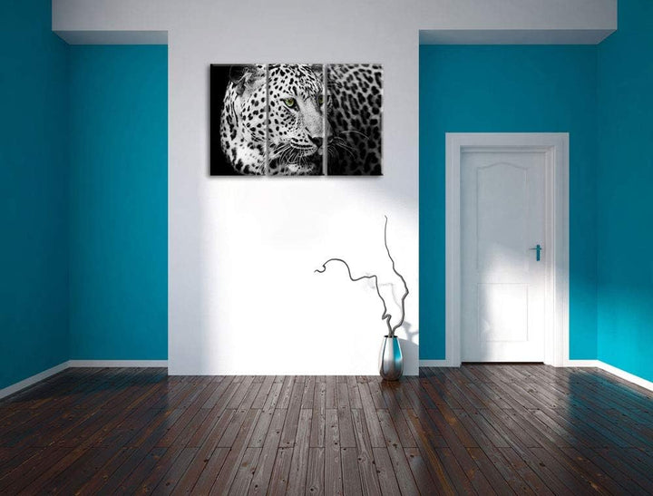 Pixxprint Dark Leopard mit grünen Augen als Leinwandbild | Grösse: 3 Teilig (120x80) | Wandbild| Kun