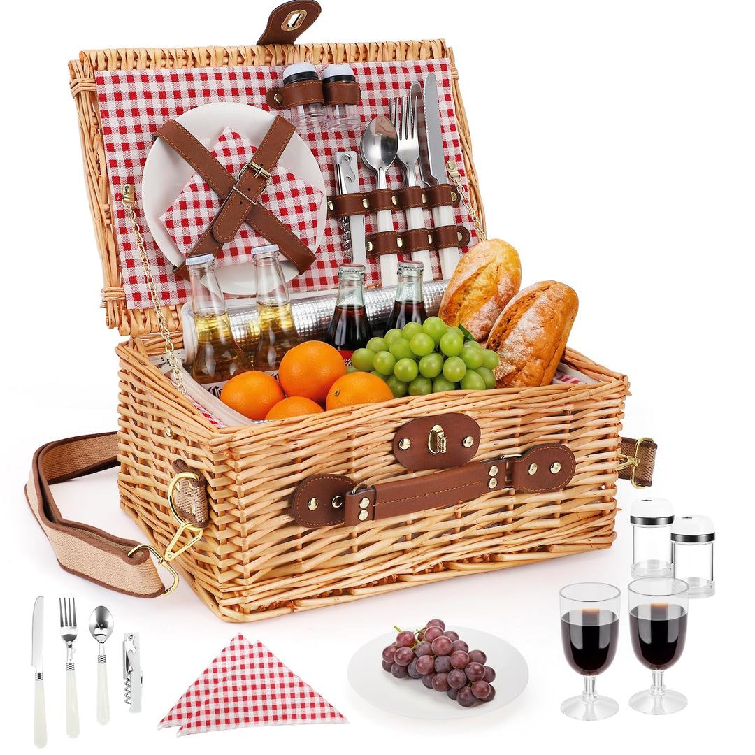 Wicker Picknickkorb für 2 Personen – Picknickkorb-Set mit Isolierfach,komplettem Geschirr & Besteck,
