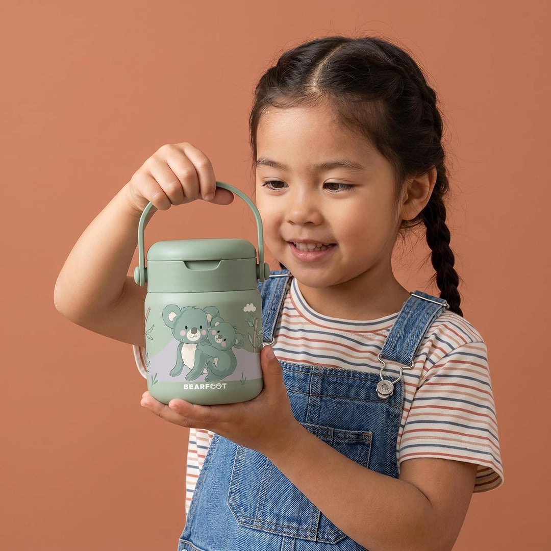 BEARFOOT Kinder Thermobehälter Edelstahl 500ml, BPA-frei (Koala - Grün) | Auslaufsicher, mit faltbar