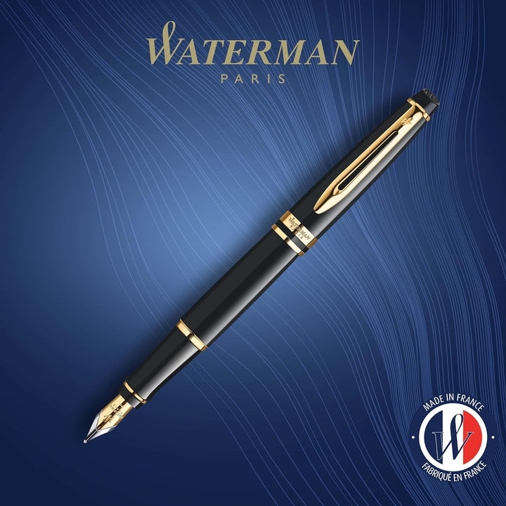 Waterman Expert Füller | Hochglänzend Schwarz mit Zierteile aus 23 K Gold | Füllfederhalter mit fein