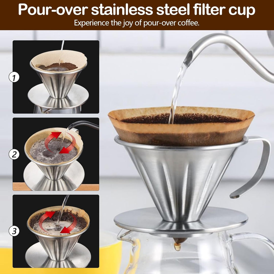 Pour Over Kaffeebereiter Set, 600 ml 304 Edelstahl Kaffeeserver Kaffee Tropfer mit 100 Stück Papierf