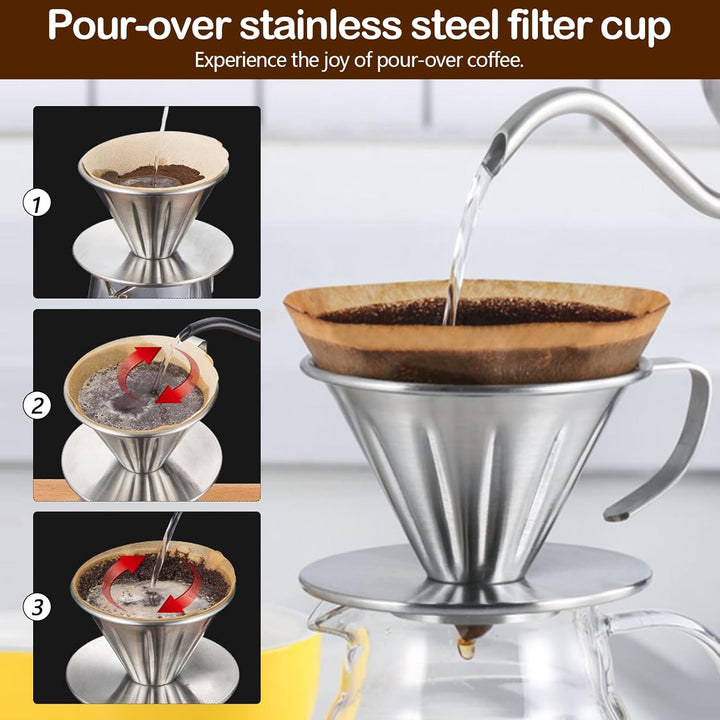 Pour Over Kaffeebereiter Set, 600 ml 304 Edelstahl Kaffeeserver Kaffee Tropfer mit 100 Stück Papierf