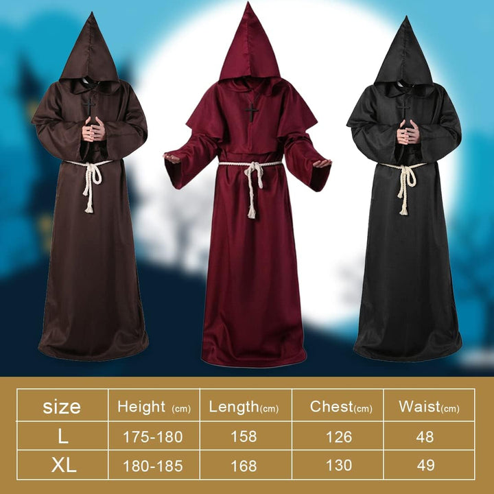 Mönch Robe, L Mittelalterliche Renaissance Robe, Kostüm Mönch mit Kapuze und Kordel, Schwarz Männer
