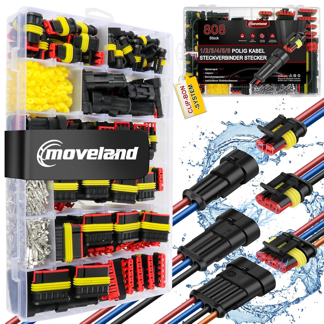 moveland kfz Stecker 808PCS - Schnell kfz Steckverbinder Wasserdicht 1/2/3/4/5/5/6 Polig - Dicht Ste