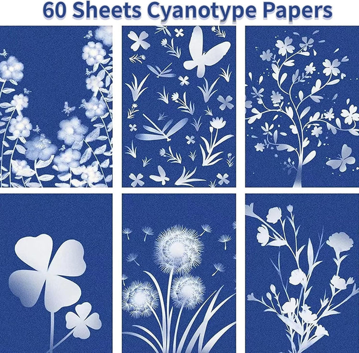 runrayay 60 Blatt Cyanotypie-Papier Sonnen-Druck-Papier-Kit, A5 hochempfindliches Sonnen-Papier, wei