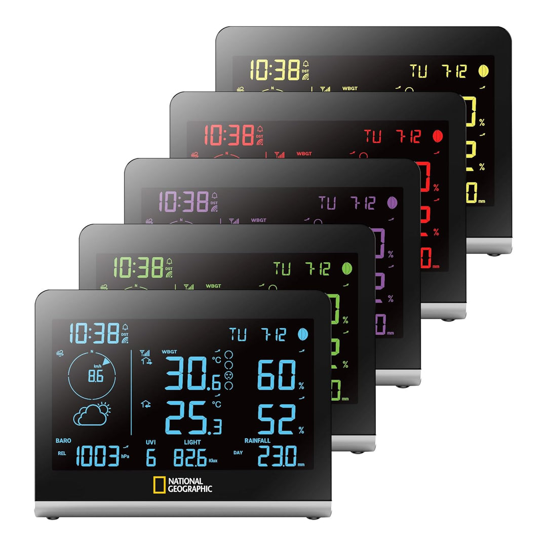 National Geographic Funkwetterstation SC mit 8-in-1-Aussensensor, Farbwechsel-Display, Temperatur, L