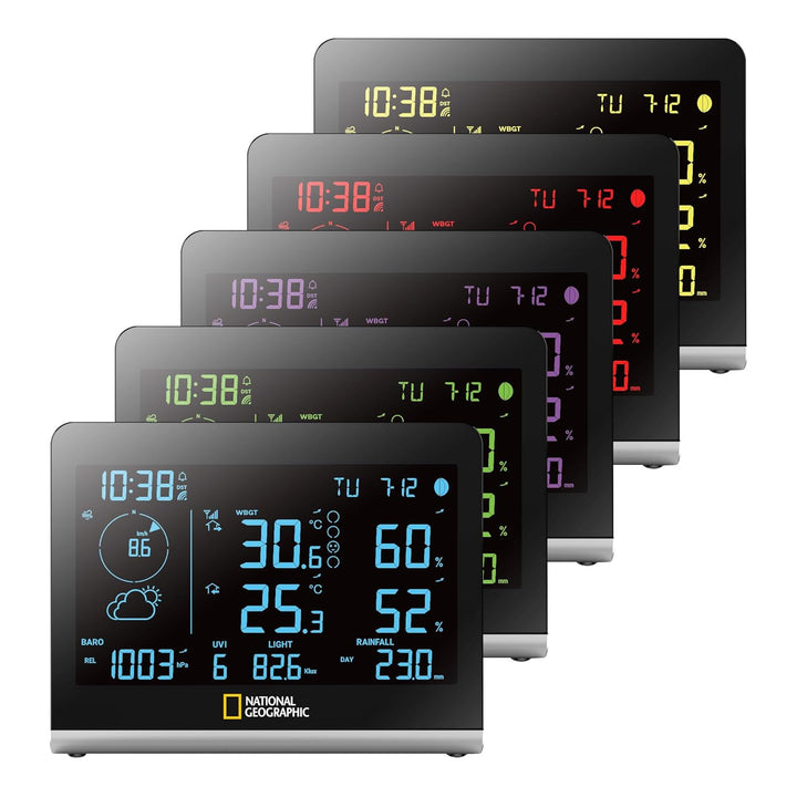 National Geographic Funkwetterstation SC mit 8-in-1-Aussensensor, Farbwechsel-Display, Temperatur, L