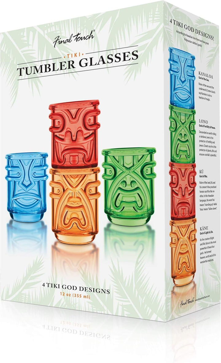 Final Touch TIKI Stapelbar TUMBLERS Glas Cocktailgläser COLOURED Farben 355ml Hawaiian Themed 4 Stüc