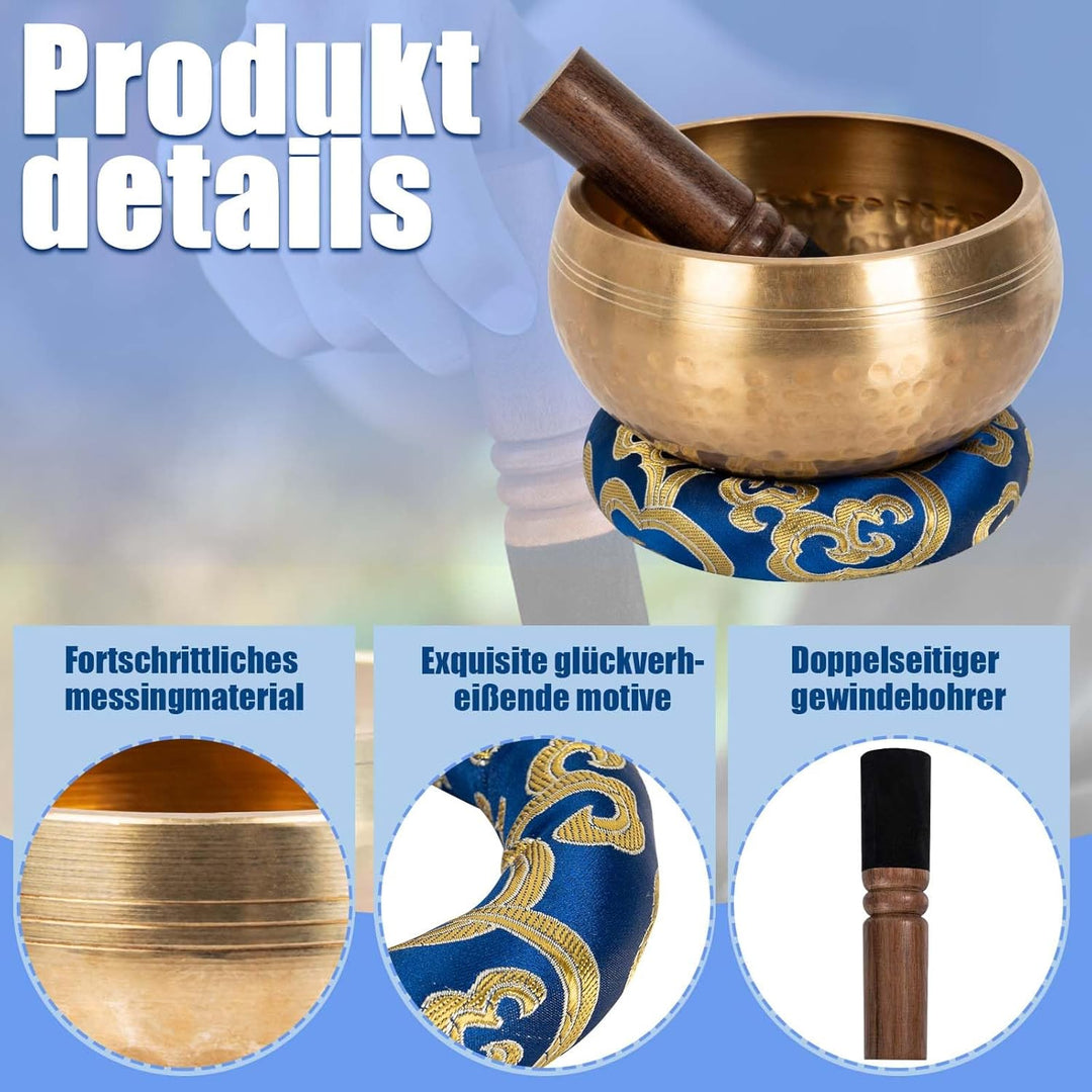 13 cm Tibetische Klangschale, Klangschale Original Handgefertigt Klangschalen Set mit Klöppel und Ki
