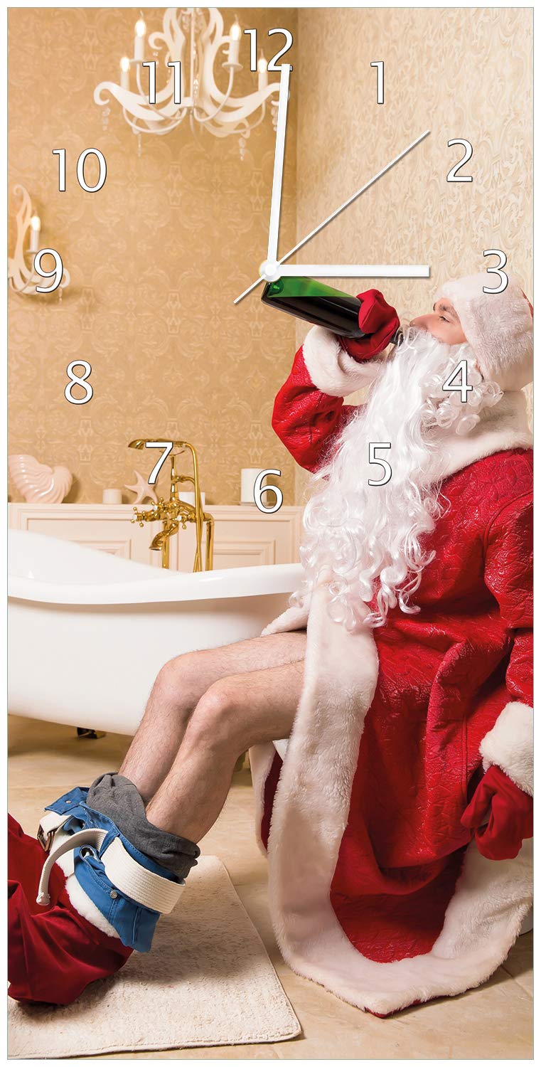 Wallario Design-Wanduhr Betrunkener Weihnachtsmann mit Weinflasche auf dem Klo aus Glas, Motiv-Uhr G