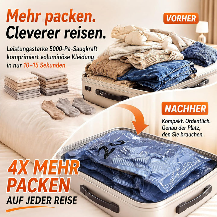 Vakuumbeutel für Kleidung mit Kabelloser Vakuumpumpe in Orange, 17 Stück Wiederverwendbare Vakuumier