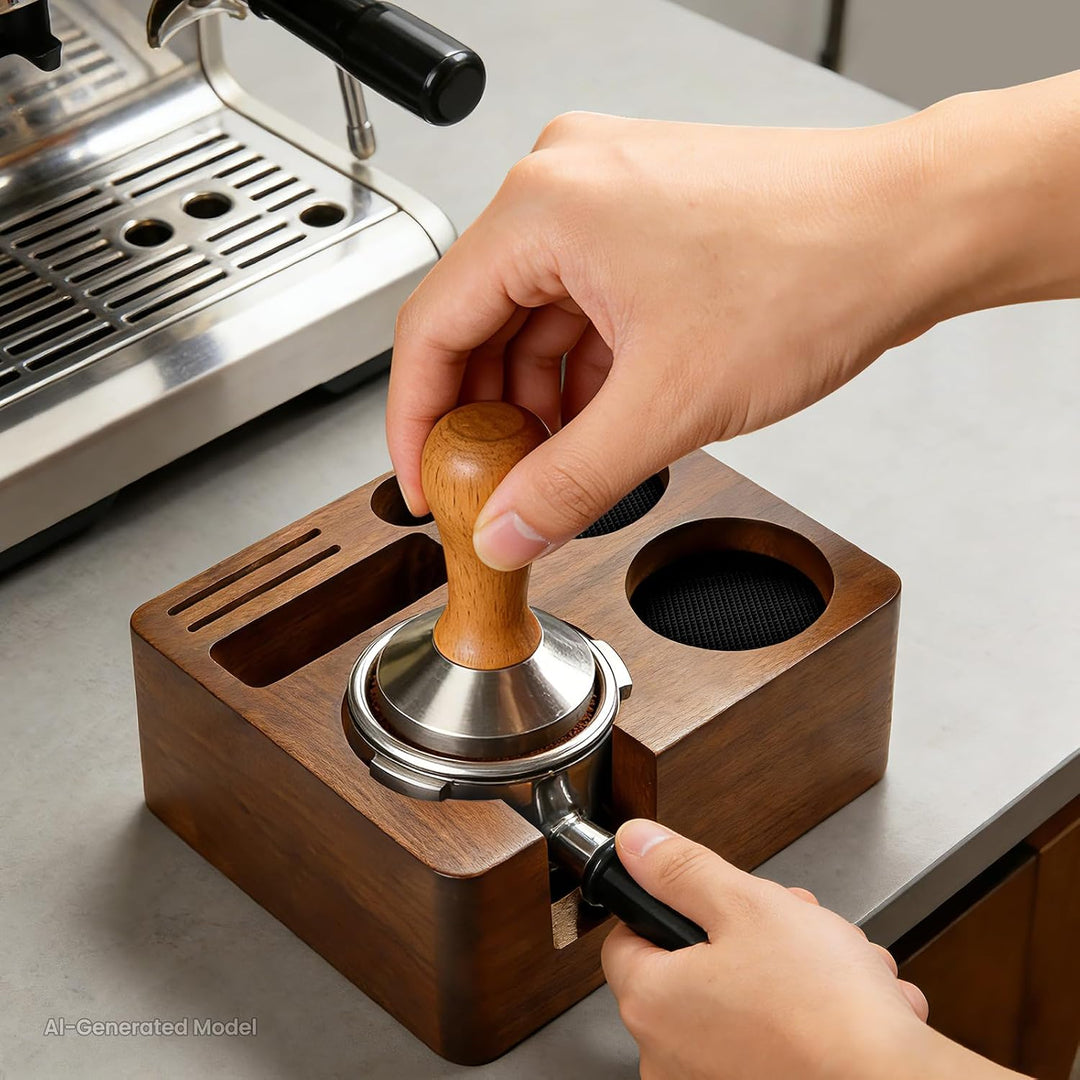 Tamperstation 58mm für Siebträger, Walnussholz Espresso Tamping Station, Tamper Station Barista Kaff