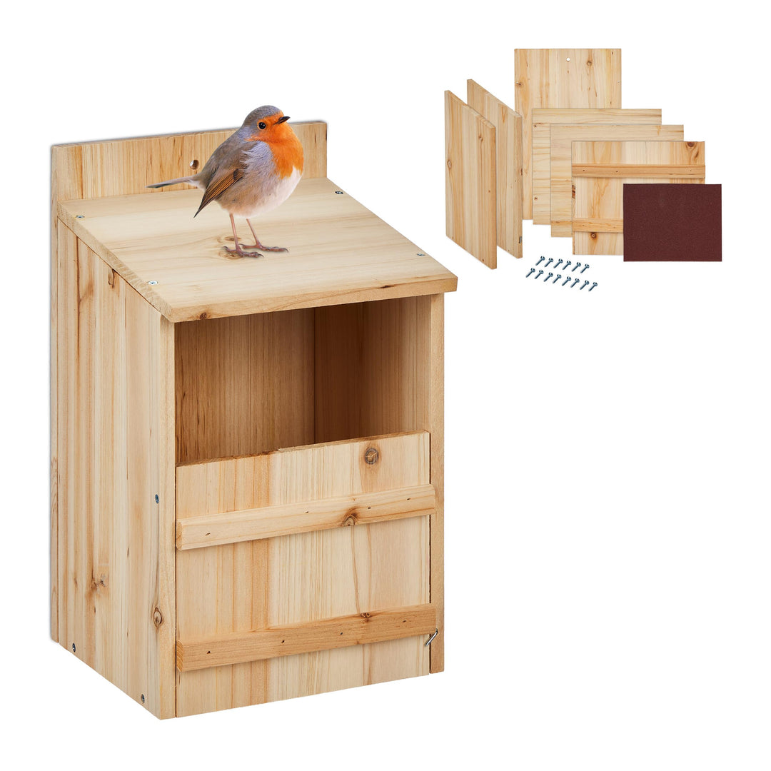 Relaxdays Nistkasten für Halbhöhlenbrüter, Bausatz, Einflugspalt HxB: 10 x 19 cm, Holz, Vogelhaus zu