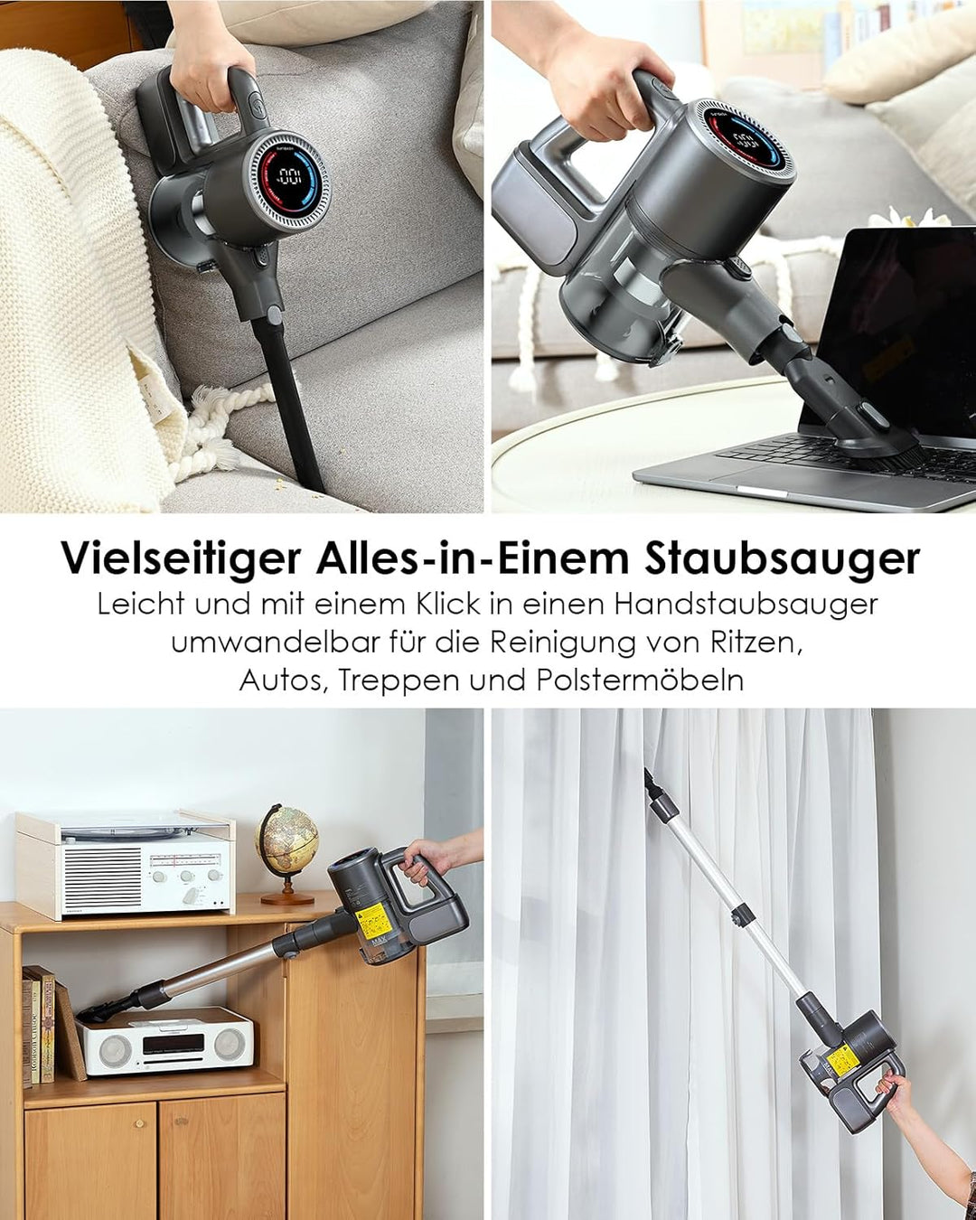 VersLife Akku Staubsauger Kabellos, 500W/45KPA Stabstaubsauger mit LED-Display und grüne Frontleucht