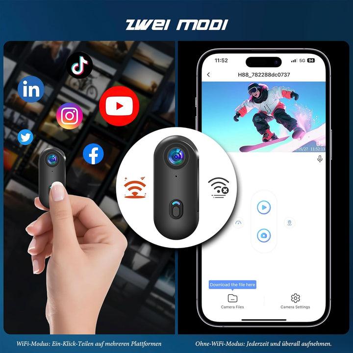 Mini Action Cam WiFi, 4K Bodycam Körperkamera, Unterwasserkamera