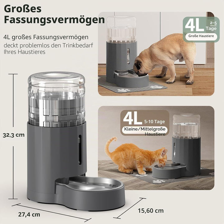 Katzen-Wasserspender mit Tischset und Edelstahlnapf, Automatischer Schwerkraft-Wasserspender für Kat