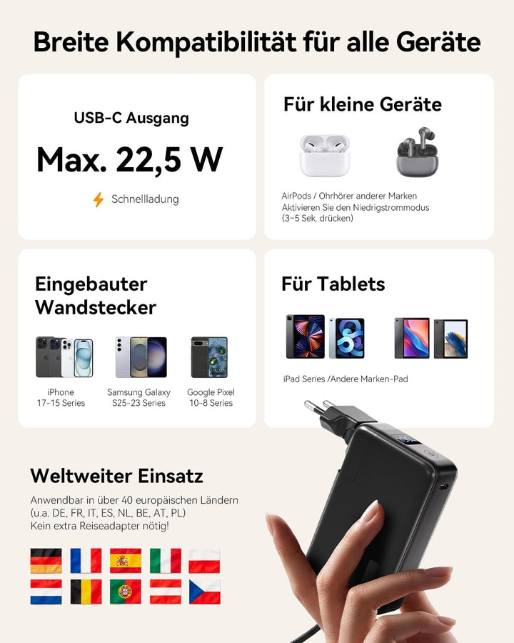 Power Bank 10000mAh, Powerbank für iPhone mit Integriertem Klappbaren EU-Stecker & Robuste USB-C & i