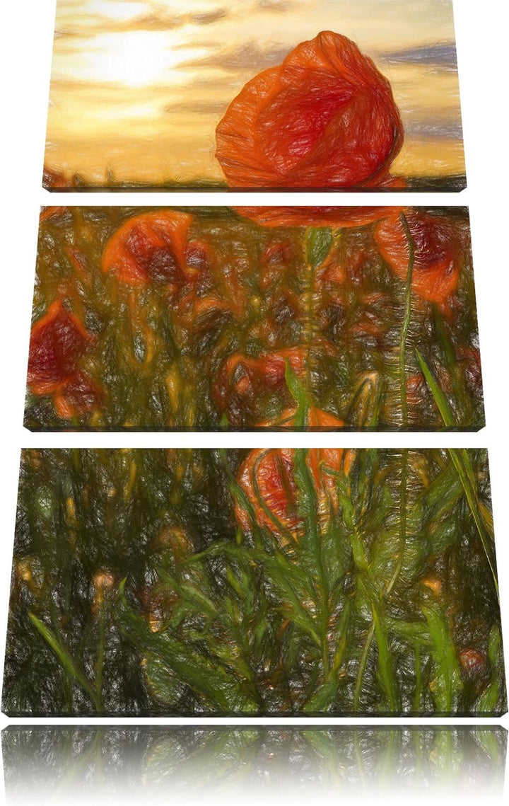 Pixxprint Mohnfeld Kunst Buntstift Effekt 3-Teiler Leinwandbild 120x80 Bild auf Leinwand