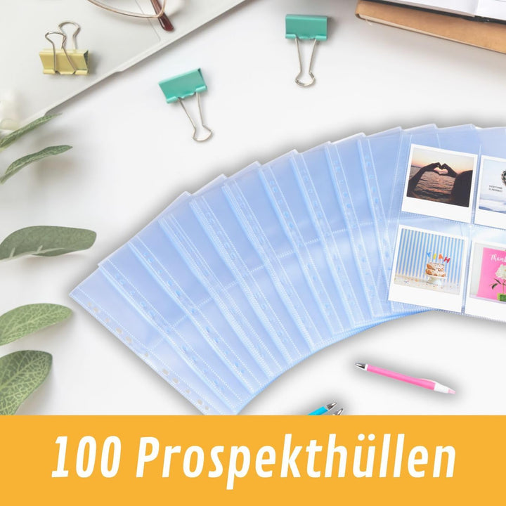 perfect line • 100 Sammelhüllen DIN-A4, 4-geteilt, Fotohüllen transparent, Prospekthüllen Glasklar,