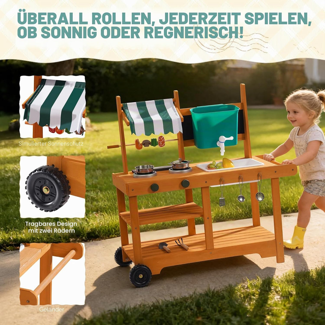 ROBOTIME Mud Kitchen Outdoor Spielset für Kinder, Spielküche mit rollenden Rädern, Schiebegriff, dre