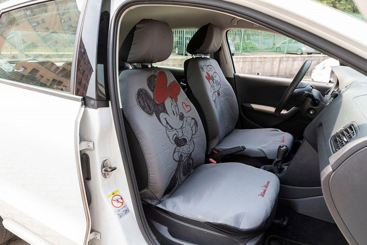 Paar Vordersitzbezüge, Minnie Maus, Universal, Maus, grau, Airbag, kompatibel