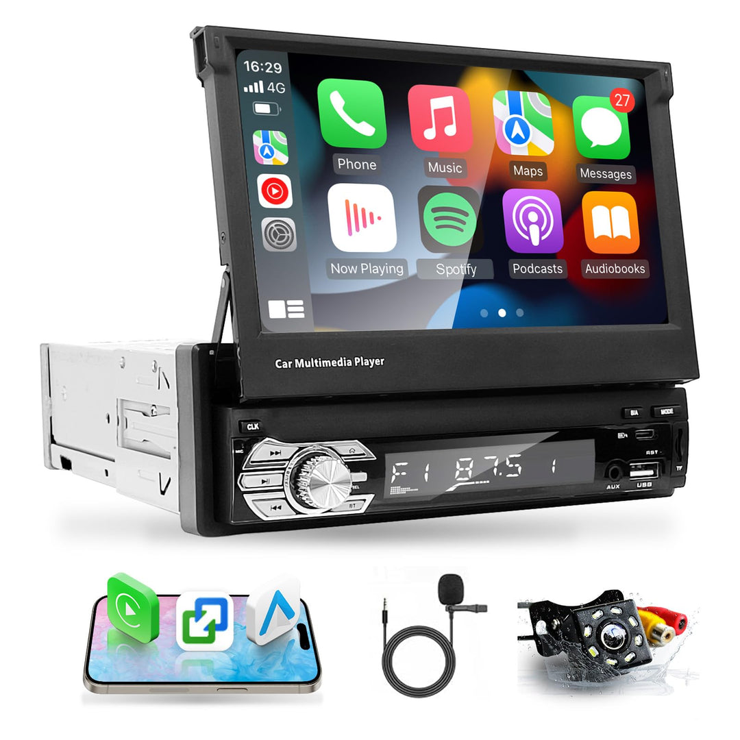 7 Zoll Flip Out 1 Din Autoradio Bluetooth mit Wireless Carplay Android Auto, EZoneTronics 1 Din Touc