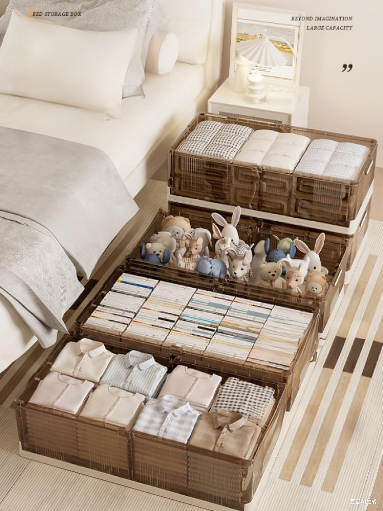 2er Set Unterbett Aufbewahrungsboxe mit Rollen, Unterbettkommoden Klappbar 100x25x50cm, Unterbettbox