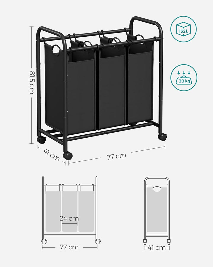 SONGMICS Wäschekorb mit 3 Fächern, Wäschesortierer, Wäschesammler, mit Rädern, abnehmbare Taschen, S