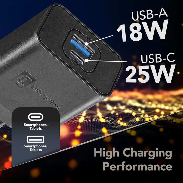 Cellularline | Netzwerk-Ladegerät | USB- und USB-C-Ladegerät mit 2 Anschlüssen und 25-W-Super-Fast-C