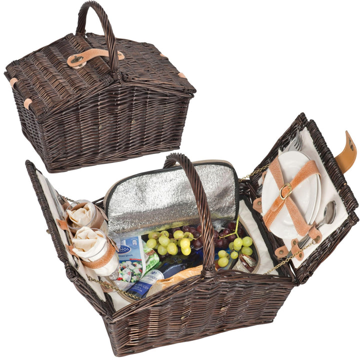 Picknickkorb aus Weidengeflecht für 2 Personen mit Porzellangeschirr, Kunststoffgläsern und Kühlfach