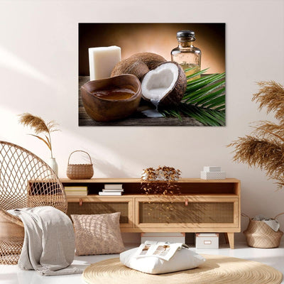 Bilder auf Leinwand 100x70cm Leinwandbild Kokosnuss Öl Seife Handfläche Gross Wanddeko Bild Schlafzi