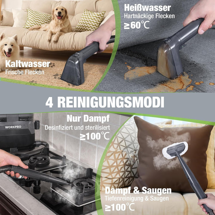 WORKPRO Teppichreiniger Waschsauger, 16 kPa Sofareiniger Waschsauger Polsterreiniger mit 4 Reinigung