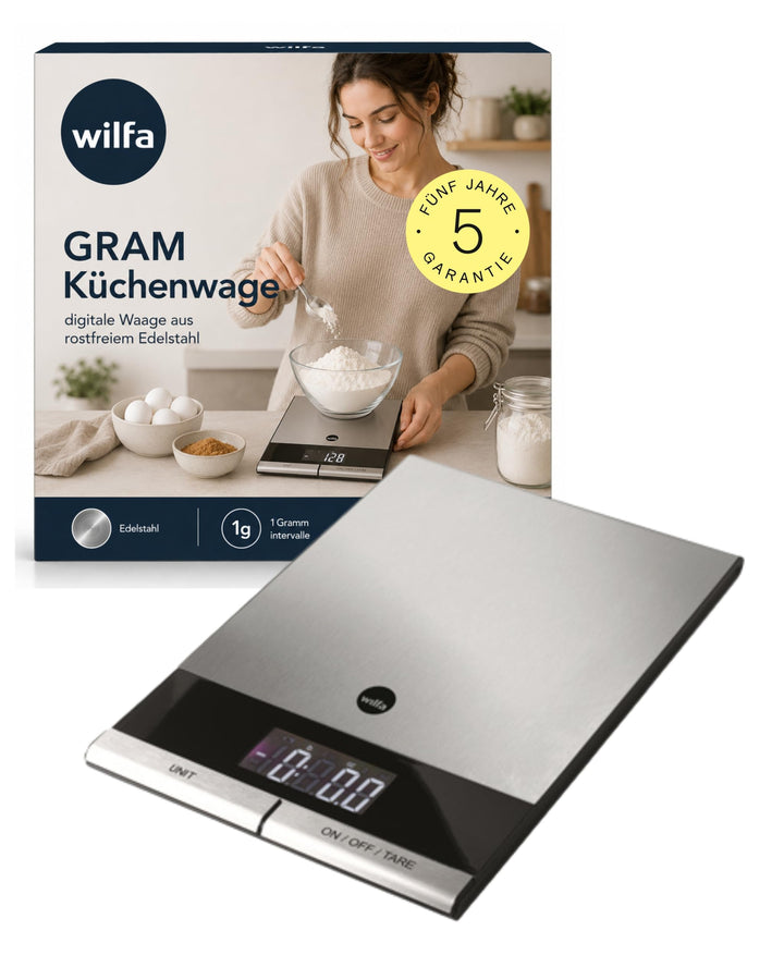 Wilfa GRAM STÅL Küchenwaage - mit einer Kapazität von 5 kg., aus rostfreiem Edelstahl, grosses, gut