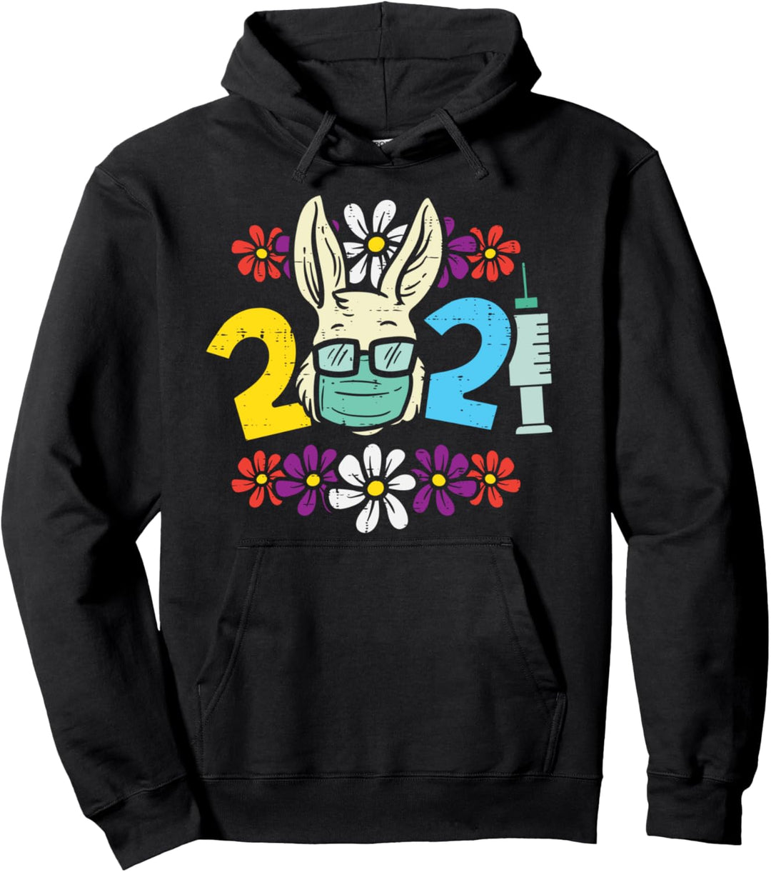 2021 Easter Bunny In Mask Flowers Funny Rabbit Quarantine Pullover Hoodie