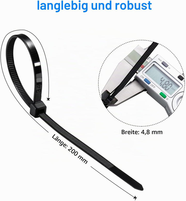 SWEED Kabelbinder Schwarz 200mm x 4.8mm, 1000 Stück Kabelbinder UV Beständig, Schwarze Kabelbinder M