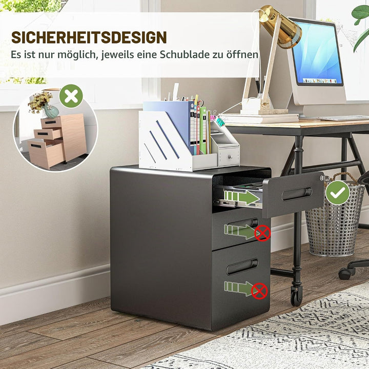 Vinsetto Rollcontainer, mobiler Aktenschrank mit 3 Schubladen, abschliessbarer Büroschrank mit Hänge