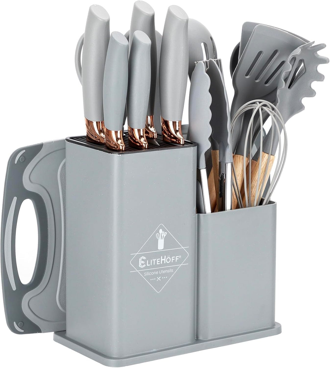 EliteHoff Küchenmesser-Set 19-teilig – Silikon-Küchenutensilien-Set mit Holzgriffen, 5 Messer, 12 Ko